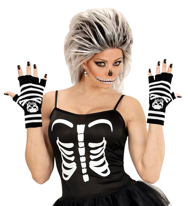 Fingerlose Handschuhe aus Wolle mit Totenkopf-Design für Halloween und Fasnacht