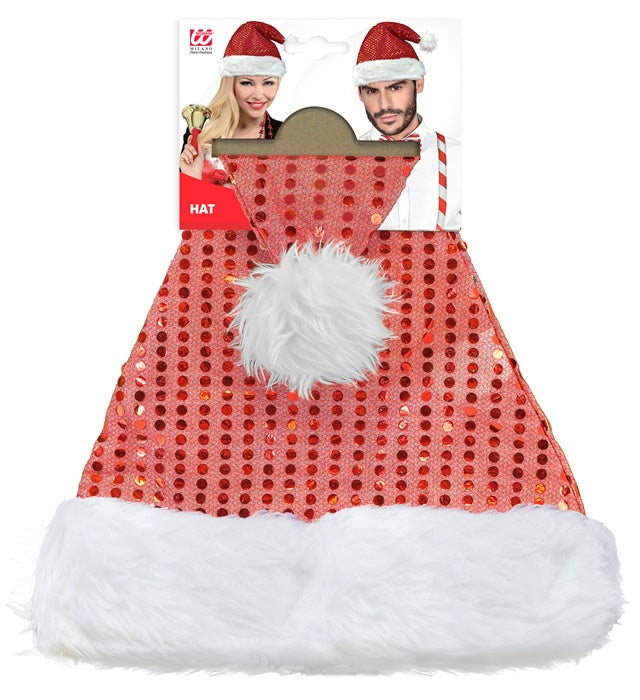 Weihnachtsmannmütze aus roten Pailletten mit weißem Bommel