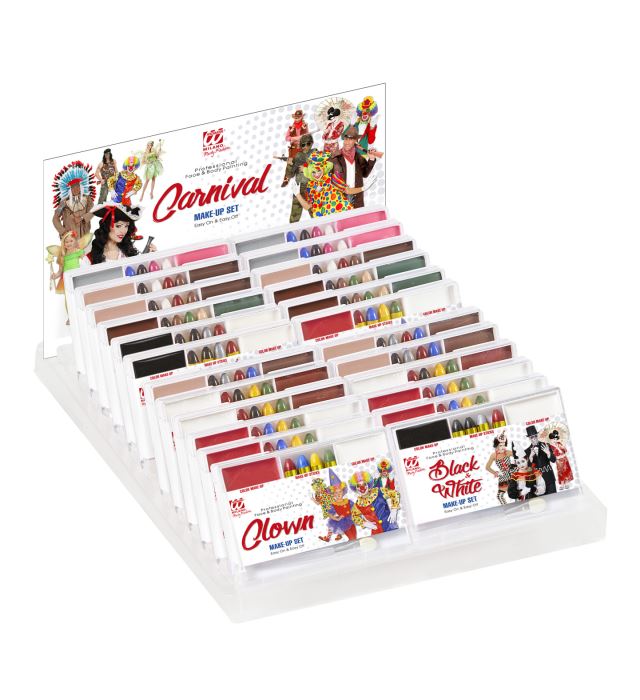 Displaybox mit 24 Fasnacht Make-up Sets für verschiedene Kostüme wie Clown, Cowboy und Fee