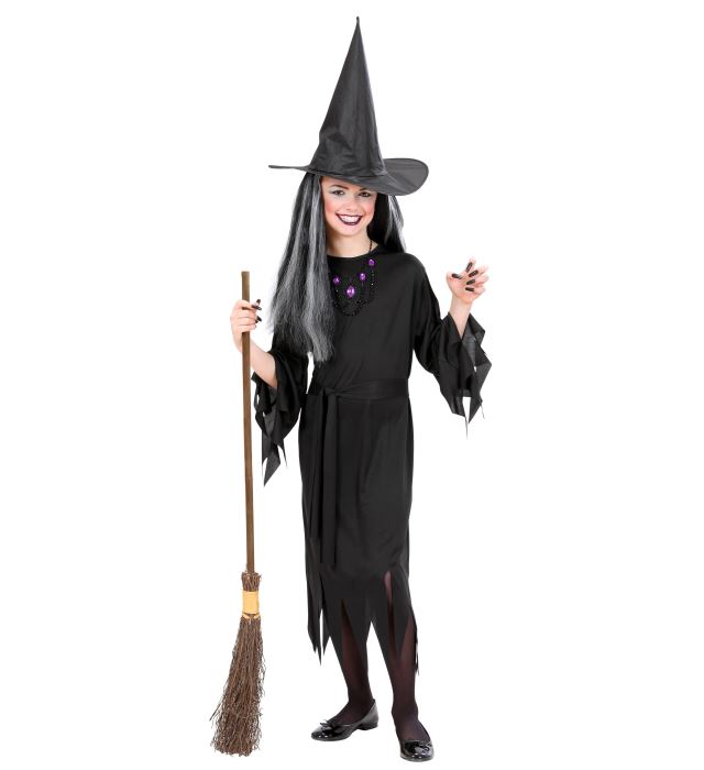 Hexe Kostüm Set bestehend aus Kleid, Gürtel und spitzem Hut für Fasnacht