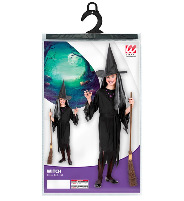 Hexe Kostüm bestehend aus Kleid, Gürtel und spitzem Hut in dunkler Farbe