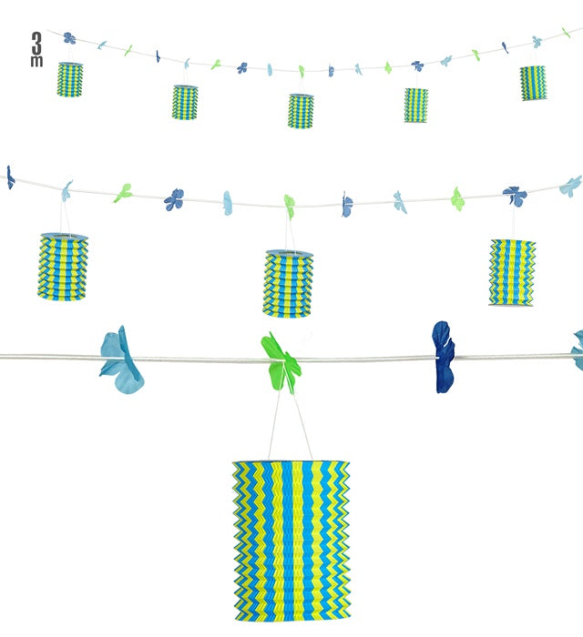 Blau-gelbe Laternengirlande mit Blumen, 3 Meter lang, dekorative Fasnachtsdekoration