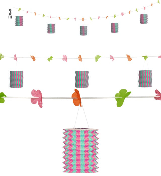 Pink-grüne Laternengirlande mit Blumenmuster, 3 Meter lang, dekorativ für Fasnacht