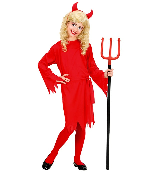 Teufelin Kostüm mit rotem Kleid, Gürtel und schwarzen Hörnern für Fasnacht
