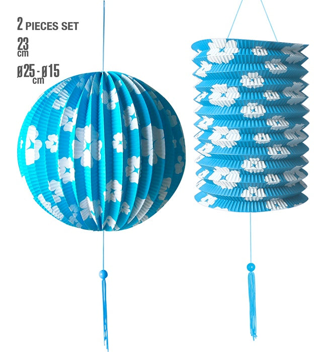 Blaues Set aus Blumen-Lampion und Laterne mit floralem Muster