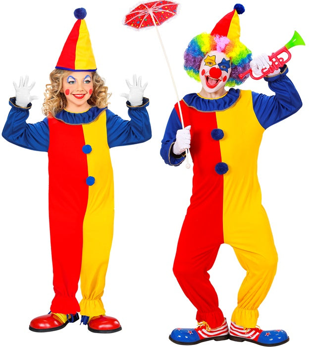 Farbintensives Clown-Kostüm bestehend aus Kleid und Hut für Fasnacht und Karneval
