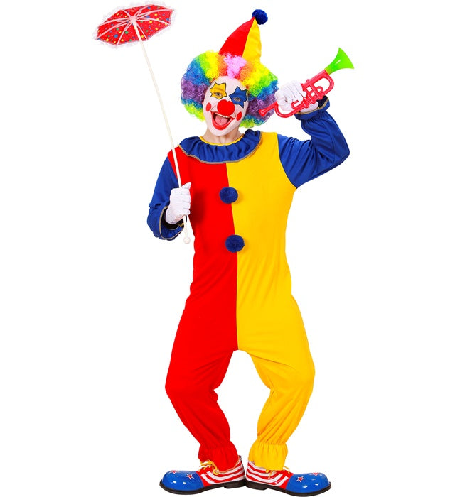 Farbintensives Clown-Kostüm bestehend aus Kleid und Hut für Fasnacht und Karneval