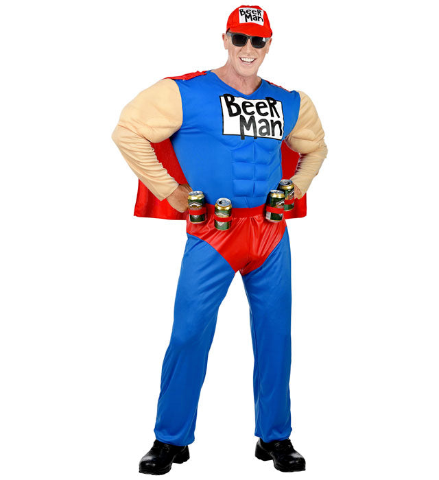 SUPER BEER MAN Muskel-Overall Kostüm mit Umhang, Gürtel und Basecap