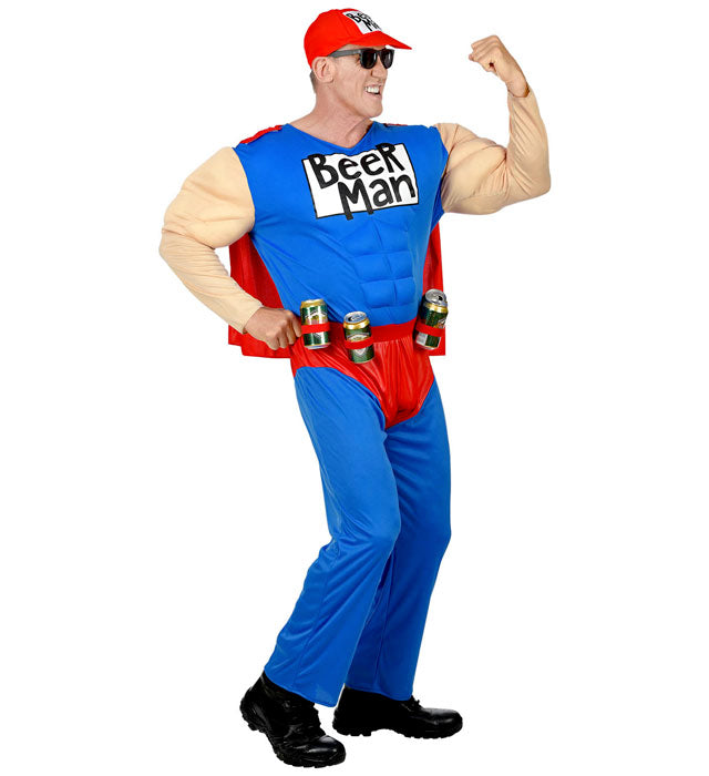 SUPER BEER MAN Muskel-Overall Kostüm mit Umhang, Gürtel und Basecap