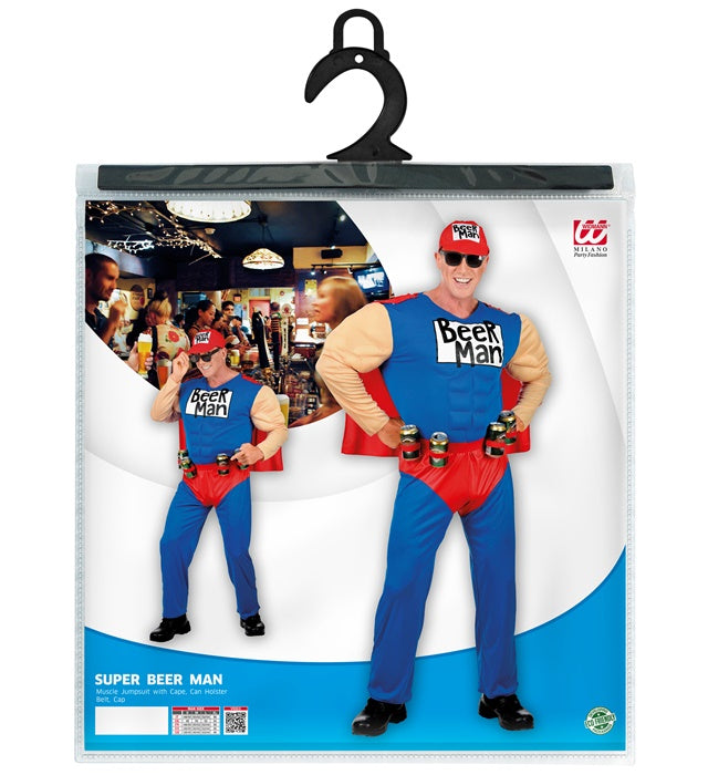 SUPER BEER MAN Muskel-Overall Kostüm mit Umhang, Gürtel und Basecap