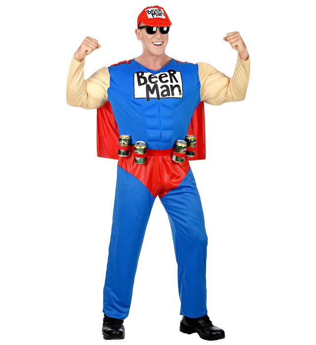 Super Beer Man Muskel-Overall Kostüm mit Umhang, Dosenhalter-Gürtel und Basecap