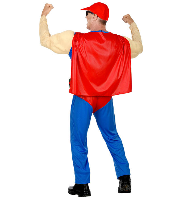 Super Beer Man Muskel-Overall Kostüm mit Umhang, Dosenhalter-Gürtel und Basecap