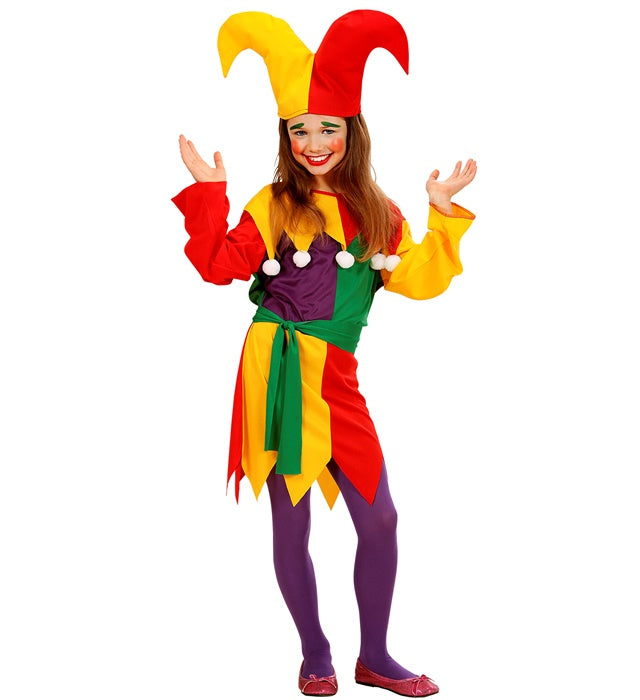 Jolly Jester Kostüm-Set mit farbenfrohem Kleid, Gürtel und Hut für Fasnacht
