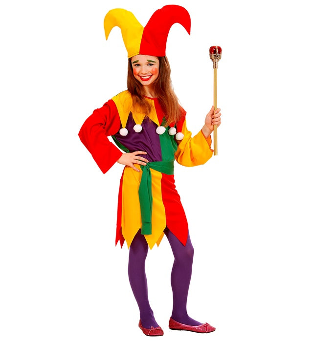 Jolly Jester Kostüm-Set mit farbenfrohem Kleid, Gürtel und Hut für Fasnacht