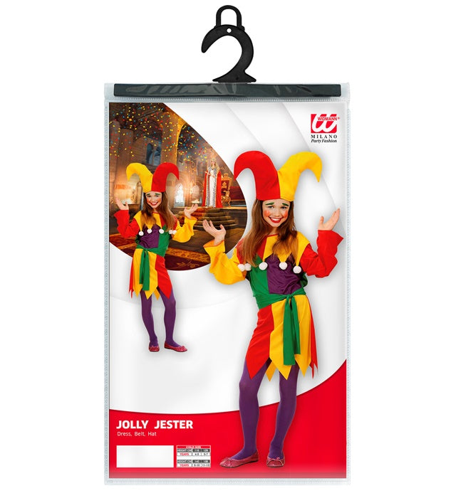 Jolly Jester Kostüm-Set mit farbenfrohem Kleid, Gürtel und Hut für Fasnacht