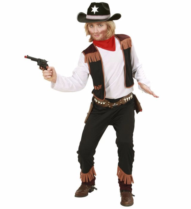 Cowboy-Kostüm Set mit kariertem Hemd, Weste, Hose und rotem Halstuch