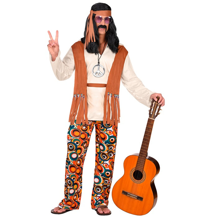 Buntes Hippie-Kostüm mit Weste, Hose, Gürtel und Stirnband für Fasnacht