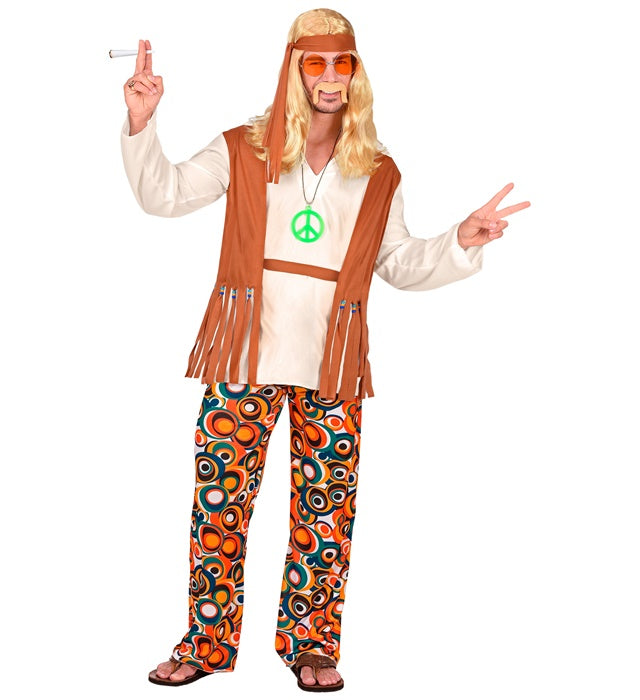 Buntes Hippie-Kostüm mit Weste, Hose, Gürtel und Stirnband für Fasnacht