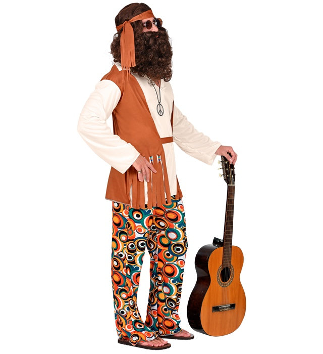 Buntes Hippie-Kostüm mit Weste, Hose, Gürtel und Stirnband für Fasnacht