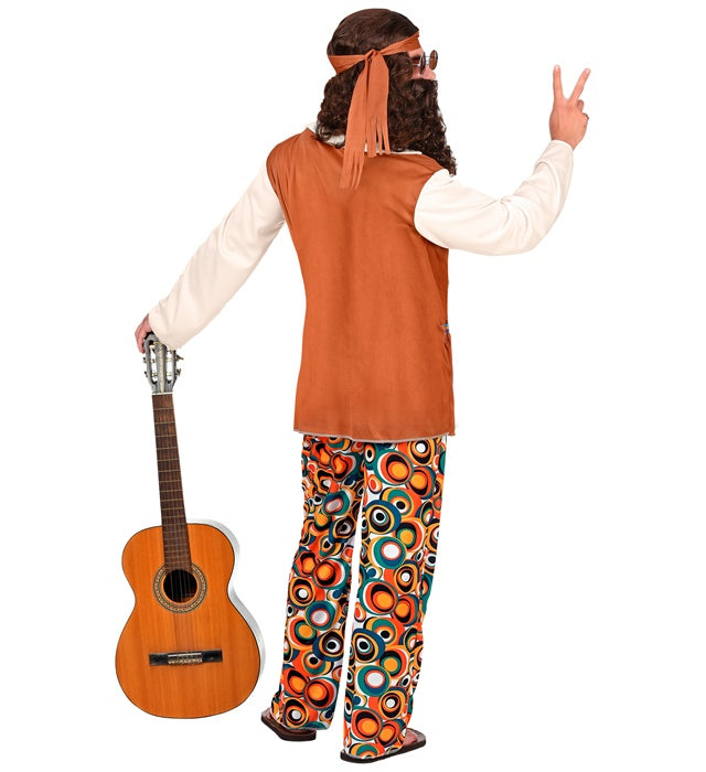 Buntes Hippie-Kostüm mit Weste, Hose, Gürtel und Stirnband für Fasnacht