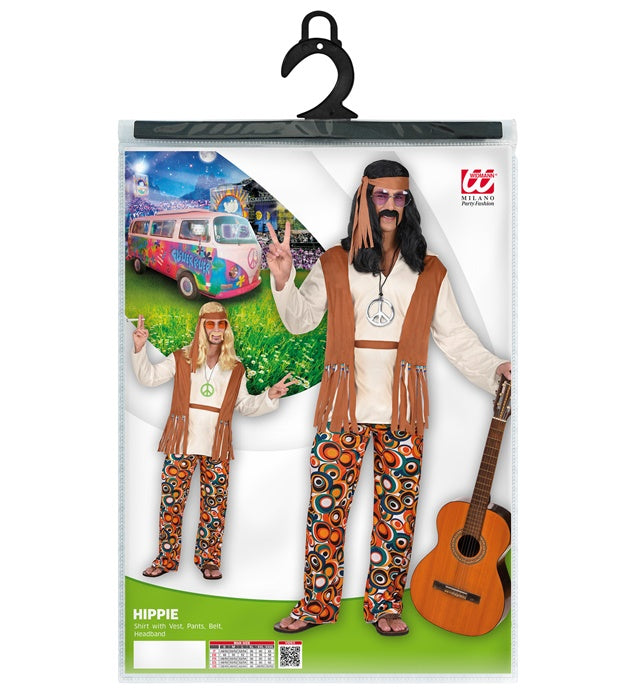 Buntes Hippie-Kostüm mit Weste, Hose, Gürtel und Stirnband für Fasnacht