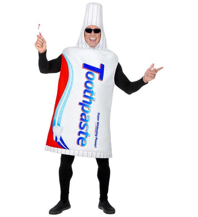 Zahnpasta-Kostüm in weiss mit blauen und roten Details, geeignet für Fasnacht und Mottoparty