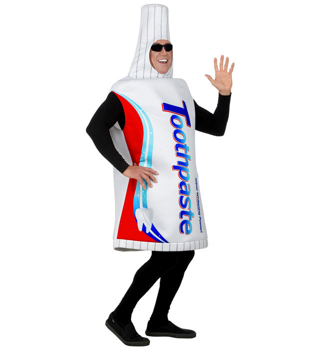 Zahnpasta-Kostüm in weiss mit blauen und roten Details, geeignet für Fasnacht und Mottoparty