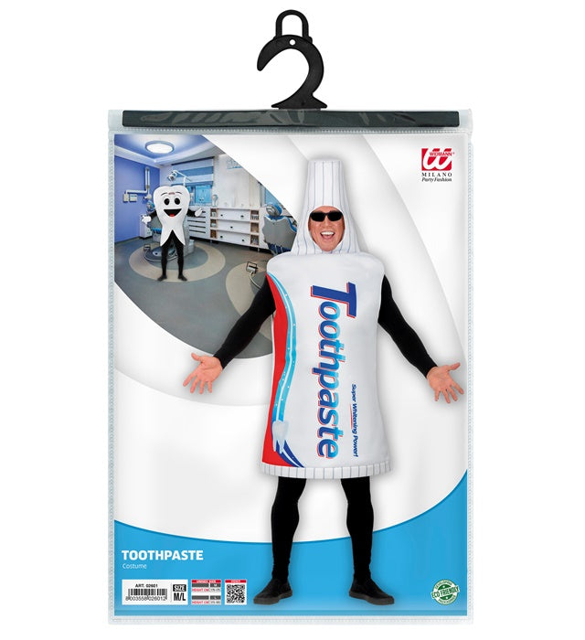 Zahnpasta-Kostüm in weiss mit blauen und roten Details, geeignet für Fasnacht und Mottoparty