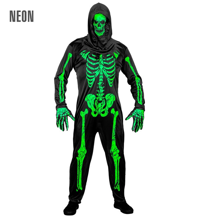 Neon Skelett Kostüm mit leuchtendem Overall, Handschuhen und Maske für Fasnacht