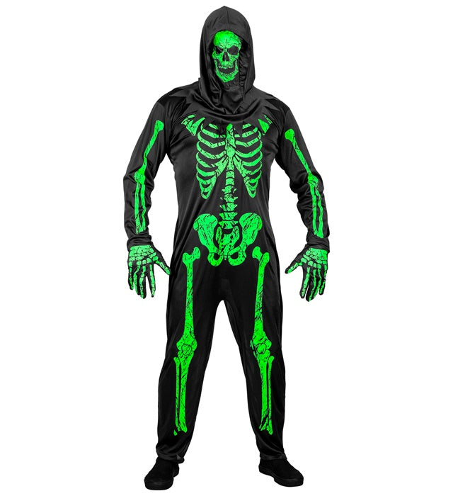 Neon Skelett Kostüm mit leuchtendem Overall, Handschuhen und Maske für Fasnacht