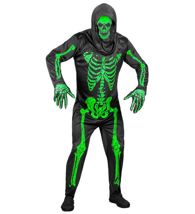 Neon Skelett Kostüm mit leuchtendem Overall, Handschuhen und Maske für Fasnacht