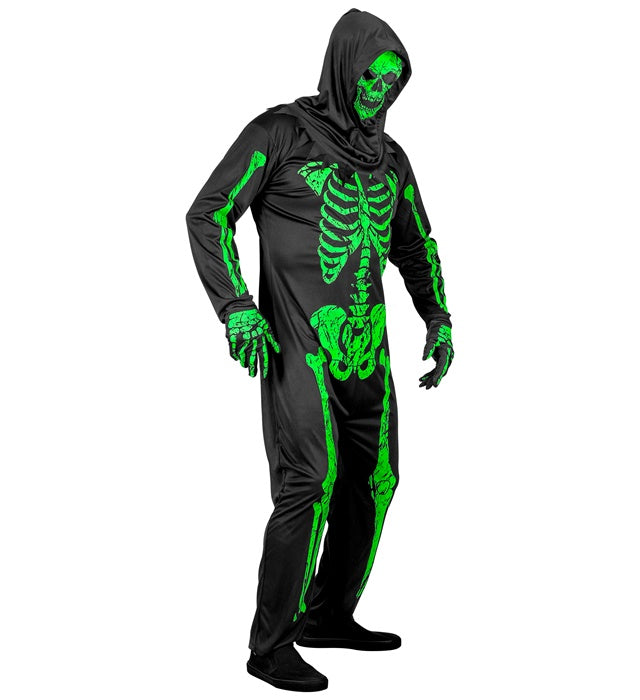 Neon Skelett Kostüm mit leuchtendem Overall, Handschuhen und Maske für Fasnacht