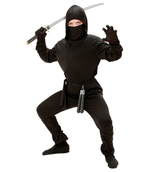 Schwarzes Ninja Kostüm Set mit Kapuzenoberteil, Hose, Maske und Bändern