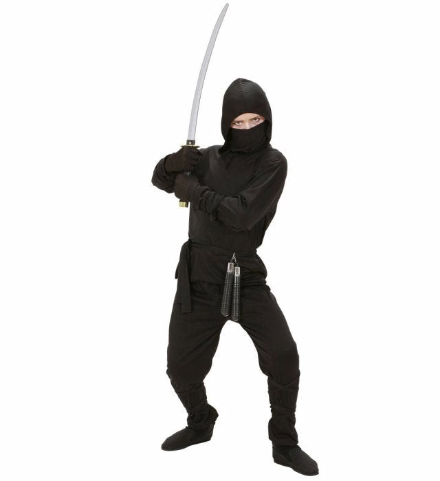 Schwarzes Ninja Kostüm Set mit Kapuzenoberteil, Hose, Maske und Bändern