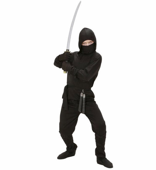 Schwarzes Ninja Kostüm Set mit Kapuzenoberteil, Hose, Maske und Bändern