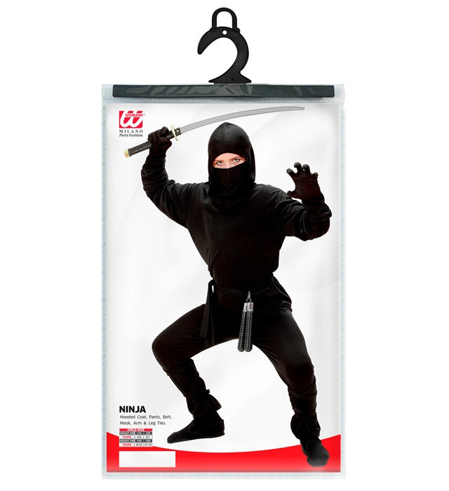 Schwarzes Ninja Kostüm Set mit Kapuzenoberteil, Hose, Maske und Bändern