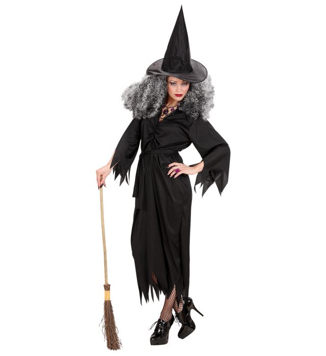 Schwarzes Hexen-Kostüm bestehend aus Kleid, Gürtel und spitzem Hut