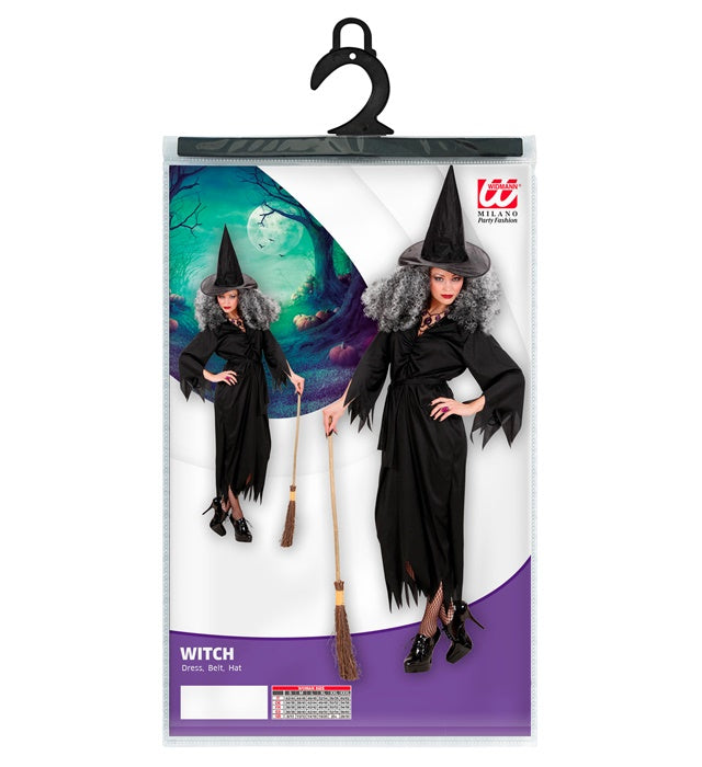 Schwarzes Hexen-Kostüm bestehend aus Kleid, Gürtel und spitzem Hut