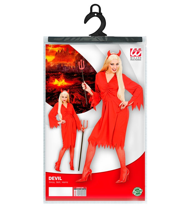 Teufelin Kostüm mit rotem Kleid, schwarzem Gürtel und Teufelshörnern