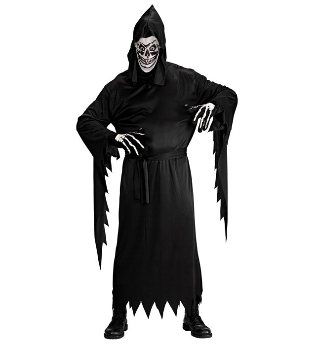 Sensenmann Kostüm mit schwarzer Robe, Gürtel und Kapuze mit Maske