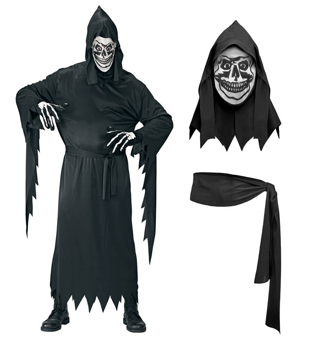 Sensenmann Kostüm mit schwarzer Robe, Gürtel und Kapuze mit Maske