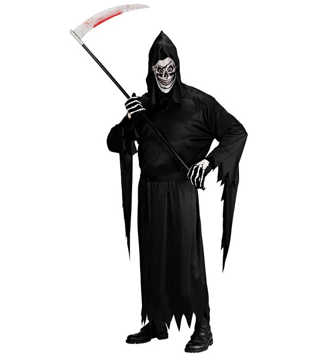 Sensenmann Kostüm mit schwarzer Robe, Gürtel und Kapuze mit Maske