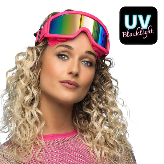 Neonpinkfarbene Skibrille mit spiegelnder weißer Linse und flexiblem Rahmen für Ski und Party