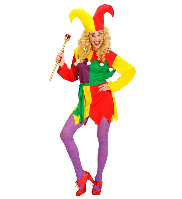 Buntes Fasnacht-Kostüm bestehend aus Kleid, Gürtel und Hut für Karneval