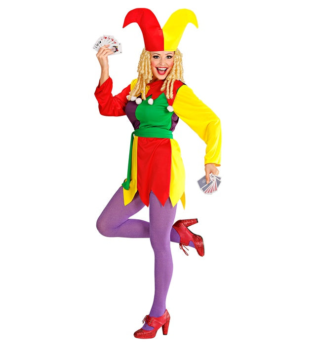 Buntes Fasnacht-Kostüm bestehend aus Kleid, Gürtel und Hut für Karneval