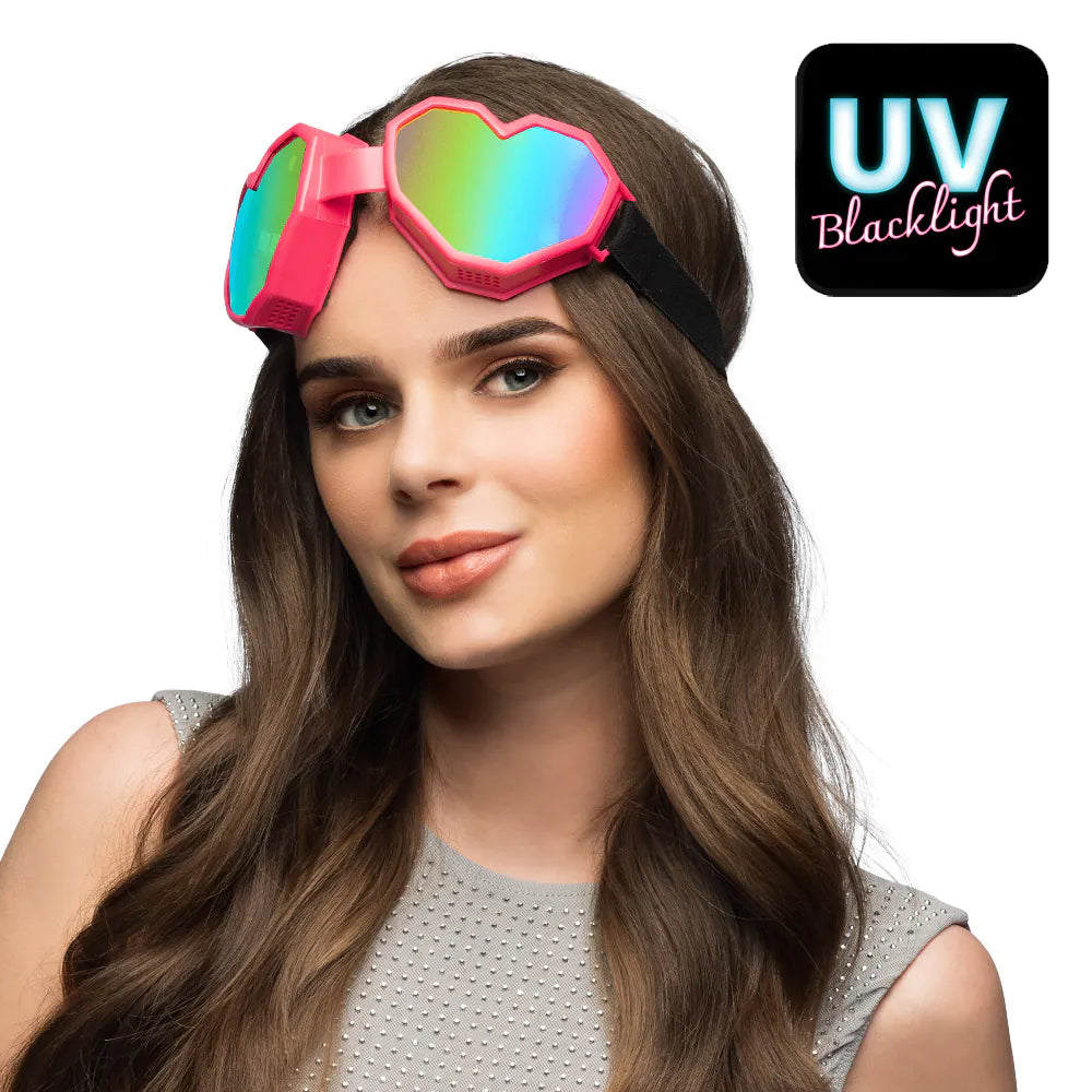 Neonpinkfarbene Skibrille mit herzförmiger Linse und flexiblem Rahmen für Festivals und Après-Ski