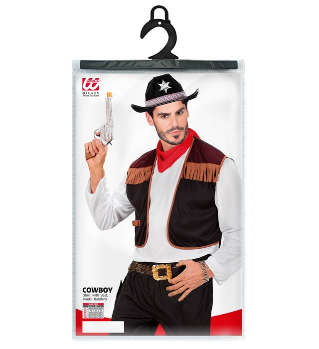 Cowboy-Kostüm mit Hemd, Weste, Hose und Kopftuch auf hellem Hintergrund