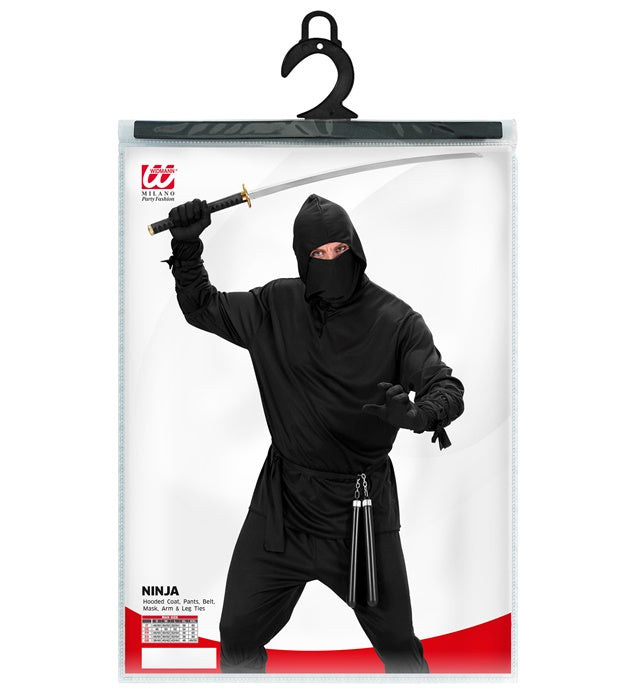 Ninja Kostüm Set mit Kapuzenoberteil, Hose, Gürtel und Maske auf neutralem Hintergrund