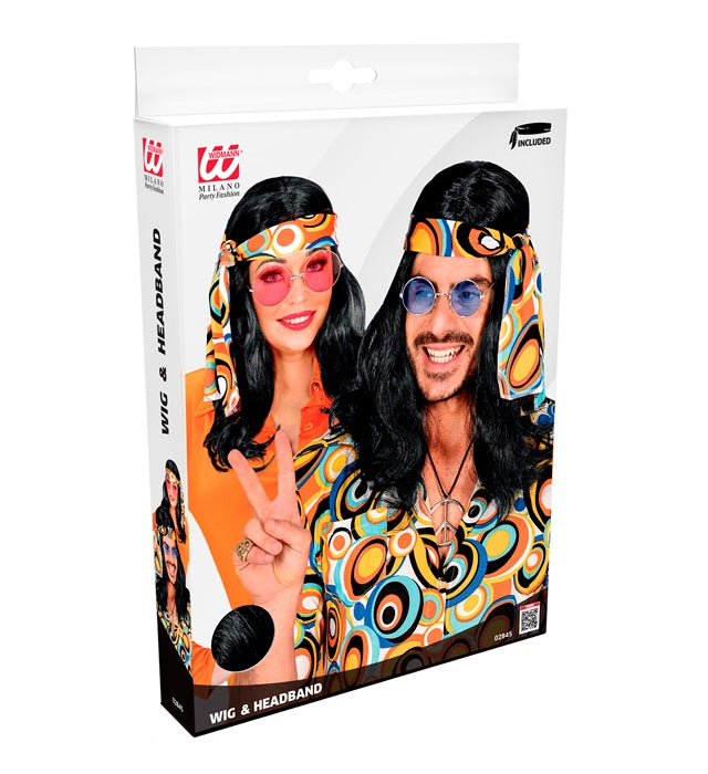 "SCHWARZE PERÜCKE 70ER JAHRE DISCO FEVER MIT STIRNBAND" in Box Schwarz