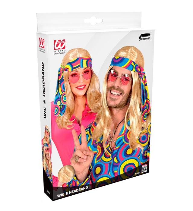 Blonde 70er Jahre Disco-Perücke mit Stirnband auf weißem Hintergrund